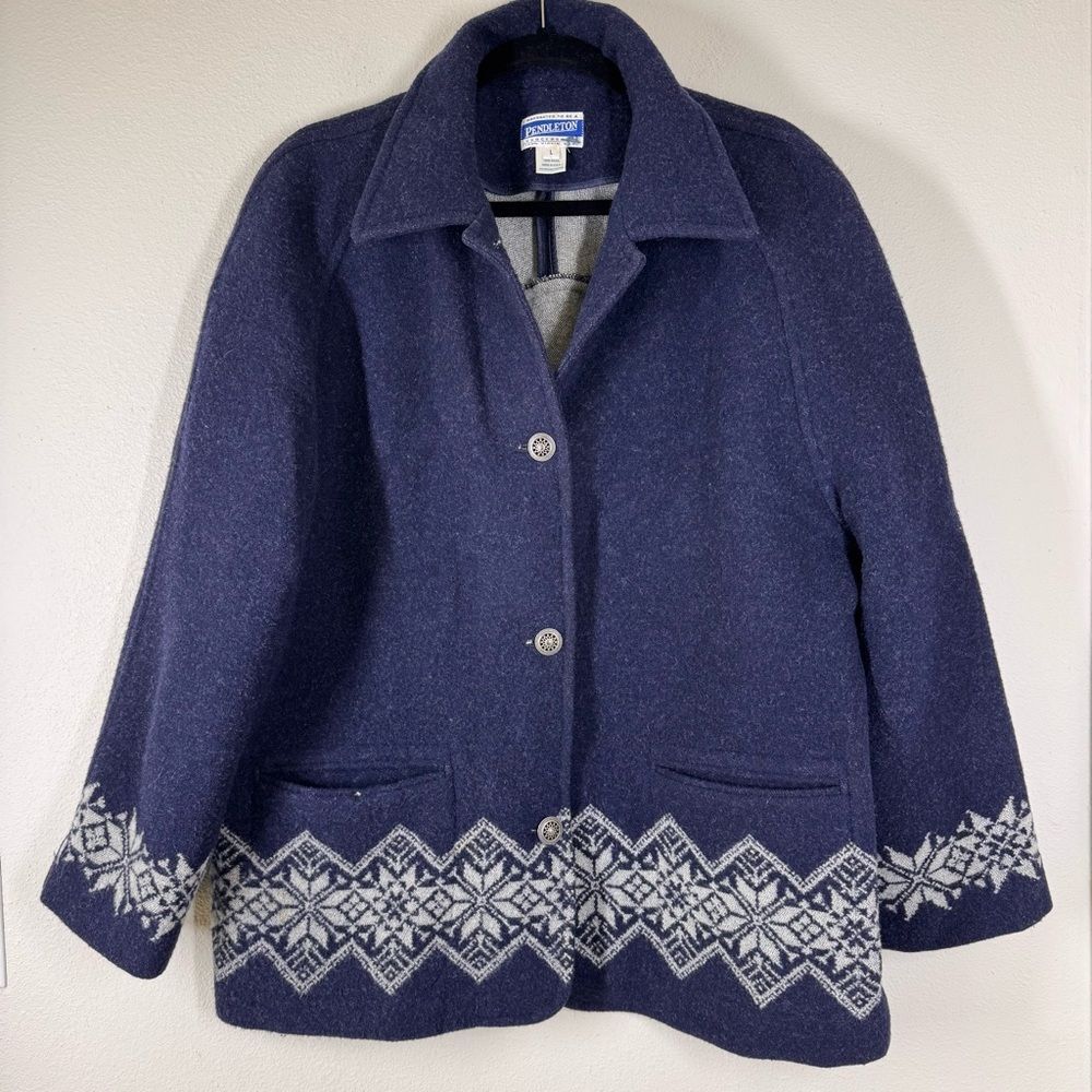 Vintage Pendleton Knockabouts Wool Button Up Sweater Jacket Snowflake Blue Large